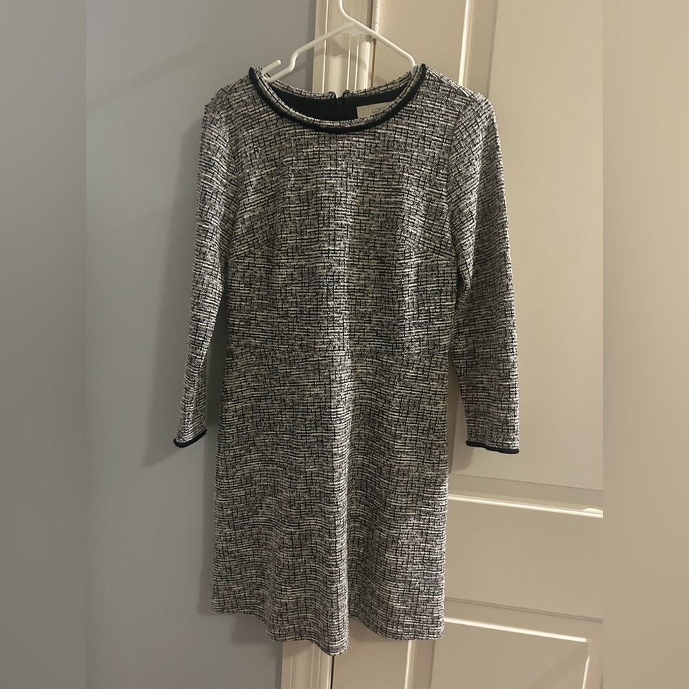 LOFT Petite Black Top with Black and White Tweed Trim